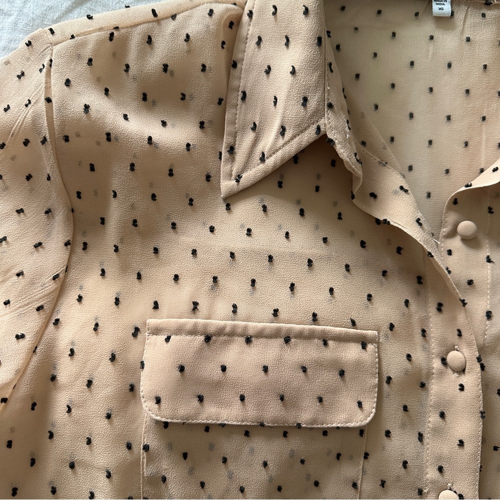 Tan Button-Up Blouse with Black Dots - Picture 2 of 6